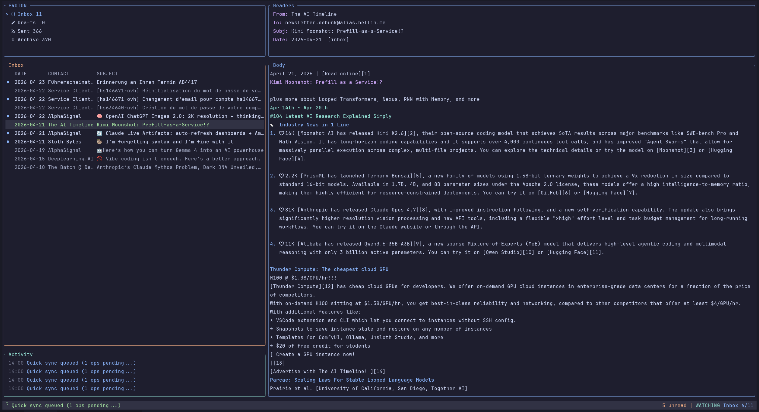 The terminal client: mailboxes, message list and reading pane